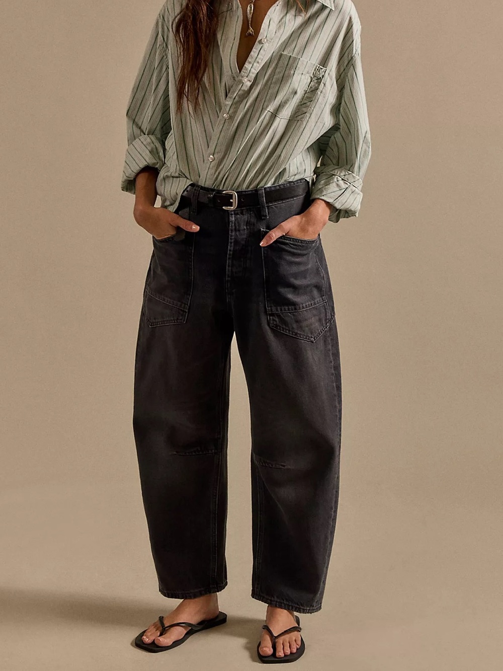 We The Free Minimalist Moxie Barrel Jeans Storm Black Low Rise Slouchy Size 24